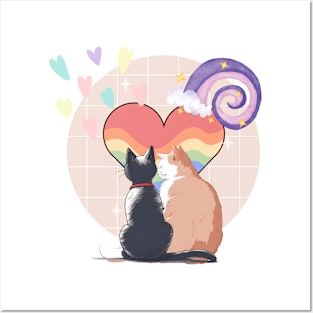 Couple cats and heart-shaped images in a soft watercolor atmosphere create a sweet mood. Posters and Art